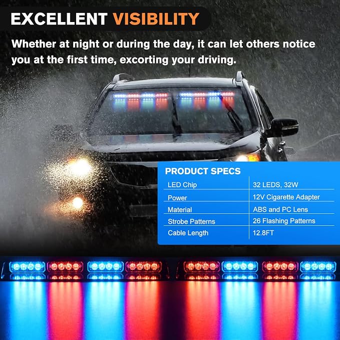 Nilight 32LED Red Blue Emergency Dash Strobe Lights with Controller | Suction Cups Warning Hazard Interior Front/Rear Windshield Deck Split Light Bar for Trucks Construction Vehicles