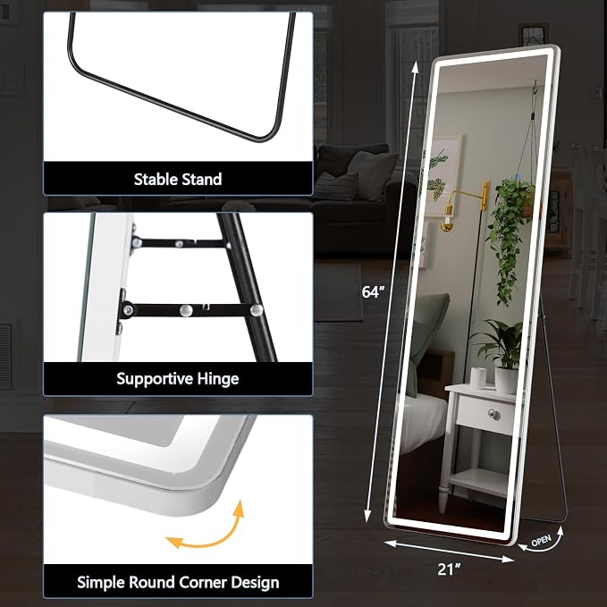 DUMOS 21"x 64" LED Full Length Mirror with Lights, Lighted Floor Full Body Mirrors with 3 Color Lighting, Wall Mounted Stand Mirror for Bedroom, Dressing Room, Living Room, Bathroom