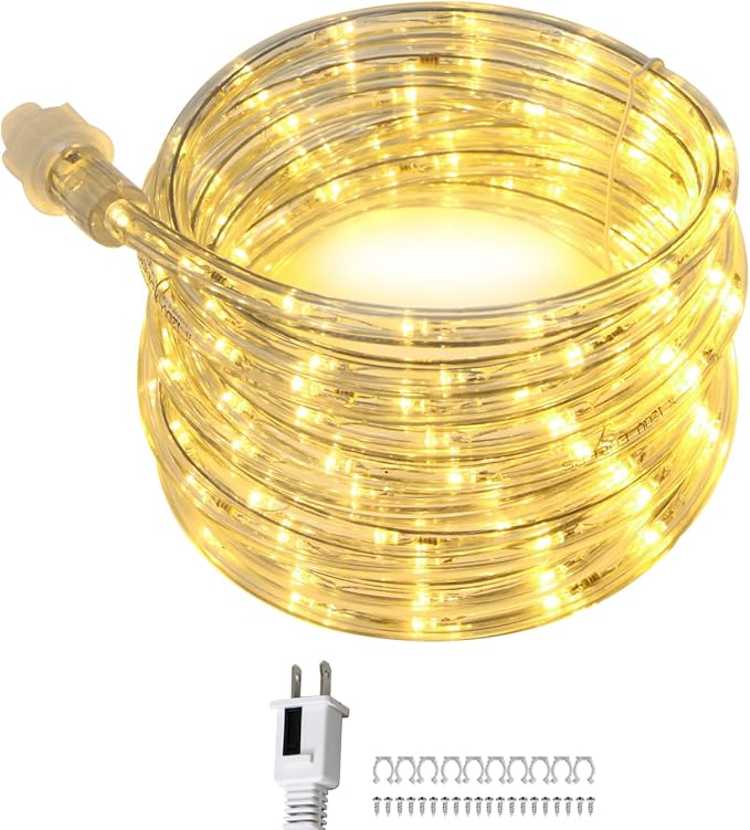 16ft Waterproof LED Rope Lights - Connectable Warm White Outdoor Lighting with PVC Tube, IP65 Flexible for Garden, Patio, Ceiling, Landscape & Indoor Bedroom Decor