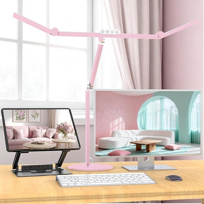 Led Desk Lamp with Base, Adjustable Tall Architect Desk Light for Home Office with Flexible Swing Arm, 24W Pink Bright Table Lamp Auto Dimming Computer Light for Workbench