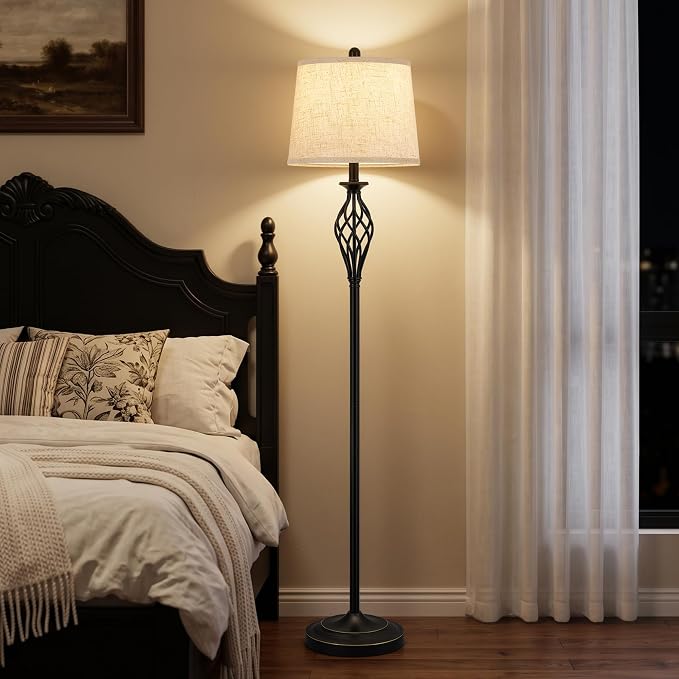 EJIAXIN Floor Lamps for Living Room - 62" Farmhouse Vintage Standing Lamp for Bedroom with Adjustable Color Temperatures,Black Tall Lamp with Linen Shade,Reading Light for Home Office,Bulb Included