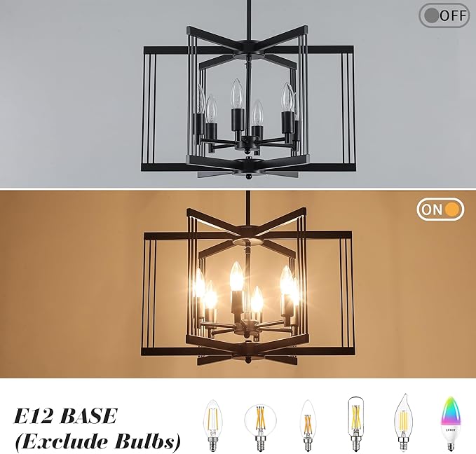 LASENCHOO Modern Black Chandelier for Dining Room Light Fixture, 6 Lights Geometric Pendant Lights Kitchen Island, Industrial Metal Chandeliers for Entryway Kitchen Living Room Foyer Lighting Fixtures