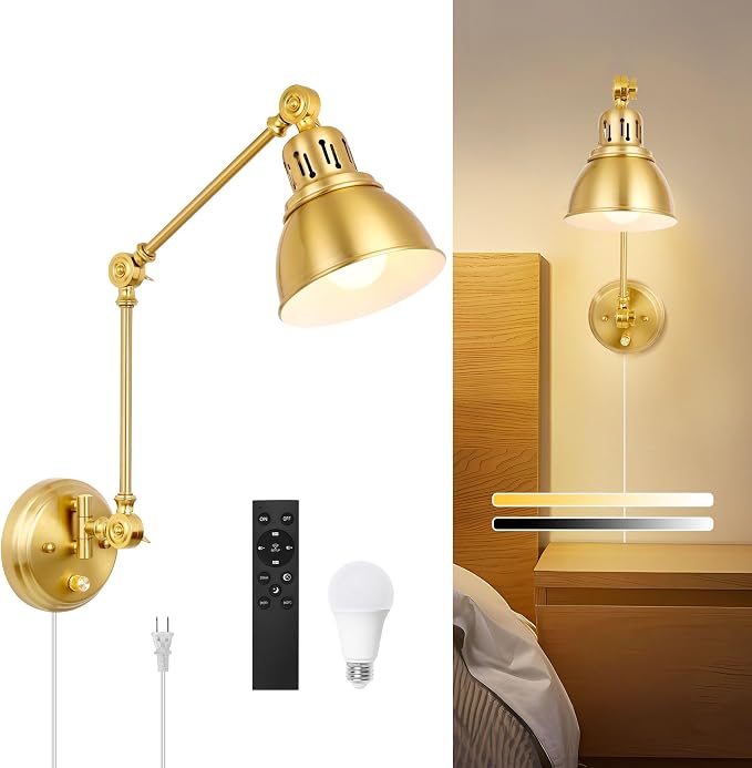1 Pack Plug in Wall Sconce with Remote, Dimmable, Adjustable Colors, Swing Arm Wall Lamp, Plug in Wall Light with Timer & Night Light (Gold, with Bulb+Remote)