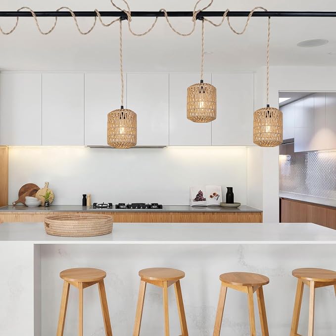 3 Lights Plug in Pendant Light with Cord On/Off Switch Rattan Hanging Lamp with 22ft Hand Woven Wicker Plug in Chandelier Boho Hanging Lights Fixture for Bedroom Kitchen Hallway Foyer
