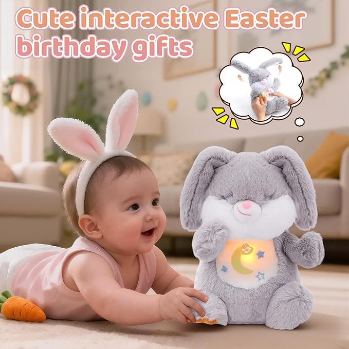 Breathing Stuffed Animal, Soothe Snuggle Bunny Plush, Sleep Buddy Soothing Stuffed Bunny for Anxiety Adults and Kids, Volume Control Easter Bunny Gifts with Realistic Breathing and Lights Music