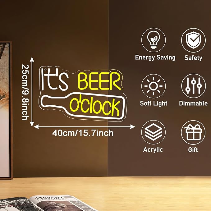 Mutank It'S Beer O'Clock Neon Sign, Beer Neon Light USB Powered LED Dimmable, for Bar Game Room Nightclub Restaurant Beer Sign Men'S Cave Garage Court Decor(15.7 * 9.8 In)