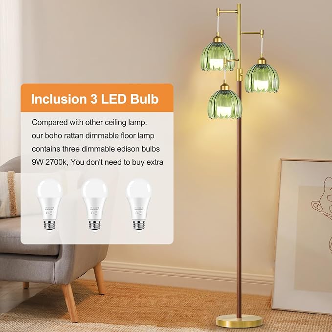 Wood Floor Lamps for Living Room Bedroom-3 Light Gold Floor Lamp with Glass Lampshape, Flower Tall Lamp Glass Mid Century Standing Lamp Vintage Tree Floor Lamp for Bedroom Corner