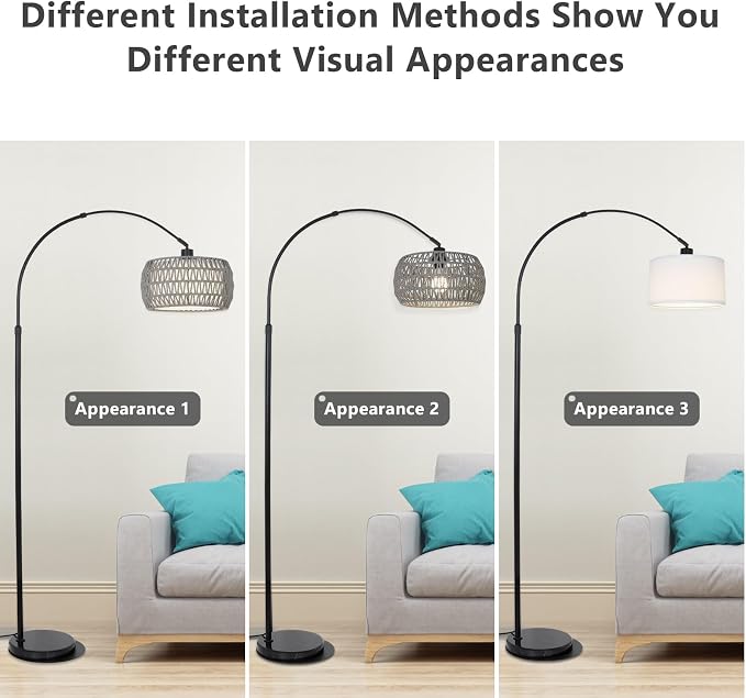 Arc Standing Lamp, Boho Floor Lamps for living room with Remote and LED Dimming Bulb, Rattan Tall Lamp for Bedroom with 3 Color Temperatures, Height Adjustable Farmhouse Stand up Light for Office