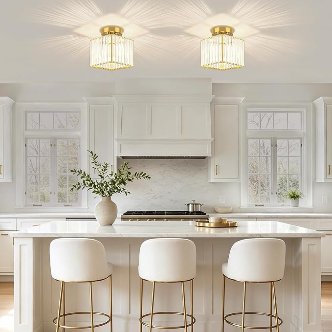 Modern Brushed Gold Hallway Entryway Light Fixtures Crystal Ceiling Lamp | 2-Pack, 7.24 Inch, E26 Dimmable, Bathroom Bedroom Semi Flush Mount Ceiling Light, Kitchen Dining Room Foyer Light Fixtures