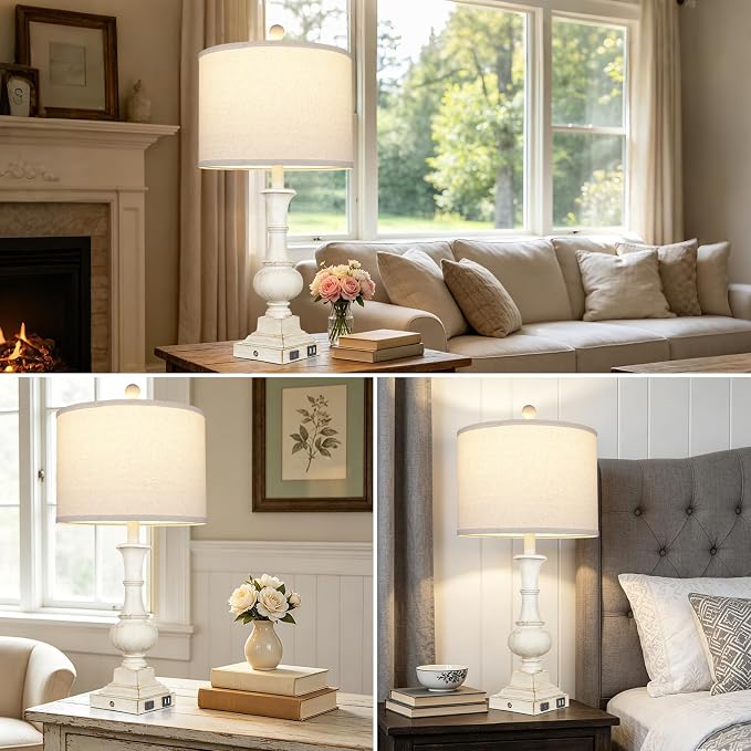 26" Farmhouse Table Lamps Set of 2, Rustic Touch Control Bedside Lamps with 2 USB Ports & AC Outlet, Vintage White Resin 3-Way Dimmable Nightstand Lamp Linen Fabric Shade for Living Room Bedroom Decor