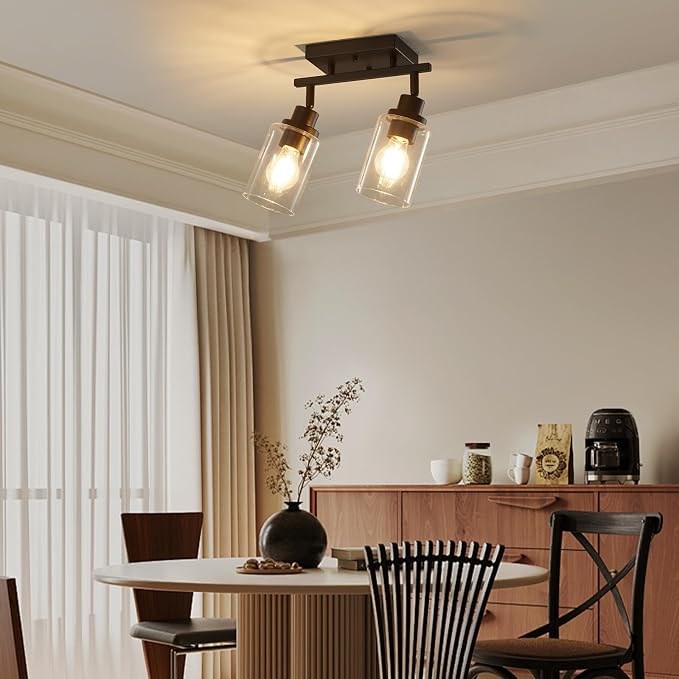 LOUSACE 2 Light Kitchen Track Light Fixtures Ceiling Vanity Lights Black, Bathroom Track Lighting Kit w/Rotatable Heads & Clear Glass Shade, Modern Wall Ceiling Tracking Light for Accent Shop Hallway
