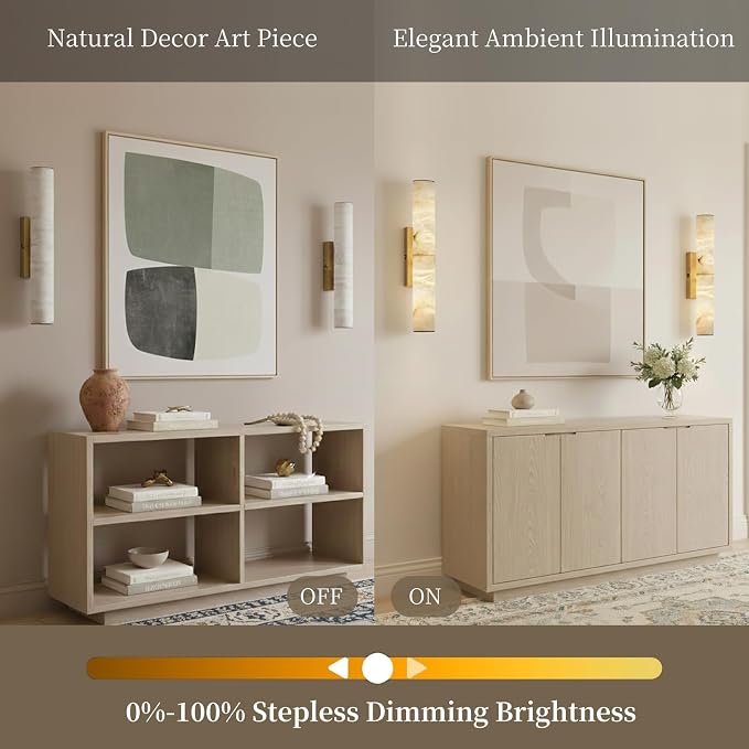 20" Brass Alabaster Wall Sconce , Tube Marble Vanity Light for Bathroom | Spanish Natural Alabaster, Gold, 3000K Warm White Light, Stone, Hardwired, Dimmable, for Living Room/Entryway/Bedroom, 1PC