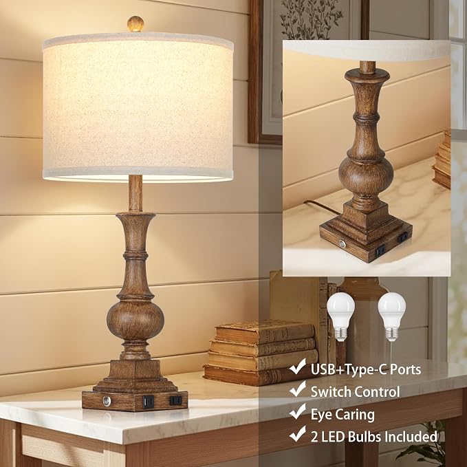 26" Tall Farmhouse Rustic Table Lamps for Living Room Set of 2, Vintage Retro Nightstand Table Lamp with USB C+A Charging Ports & AC Outlet, 3-Way Dimmable Touch Control Bedside Lamp for Bedroom Brown