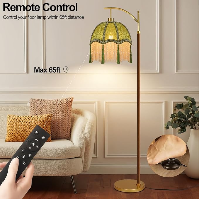 Wood Floor Lamps for Living Room Arc Boho Floor Lamp with Remote Control &3 Color Temperature,Vintage Green Floor Lamp Flower Mid Century Modern Standing Lamp Fringe Tall Floor Lamp for Bedroom Corner