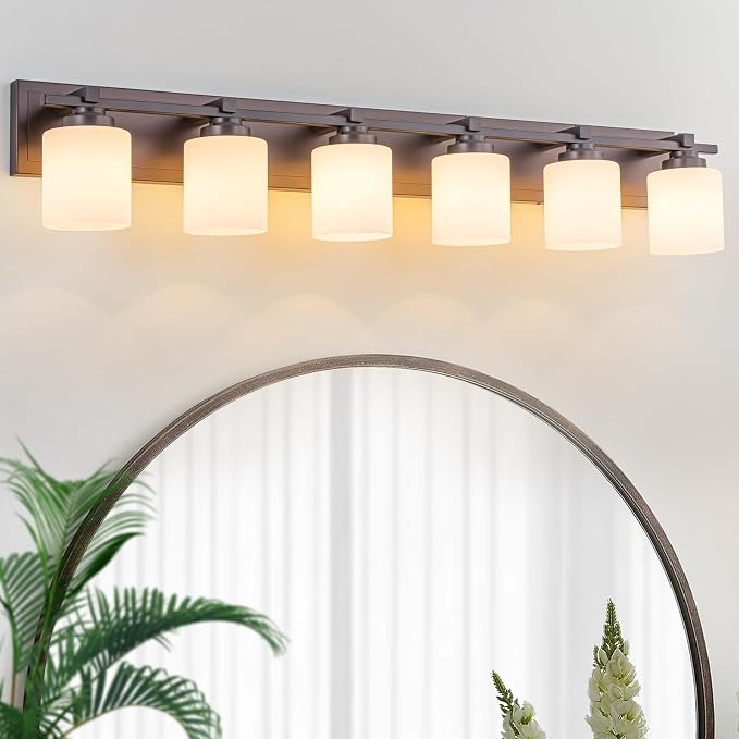 Modern Bathroom Light Fixtures Over Mirror, Vanity Lights for Bathroom Wall Sconces with Milky White Glass Shades, E26 Socket (Bulbs Not Included), 6 Light, Oil Rubbed Bronze