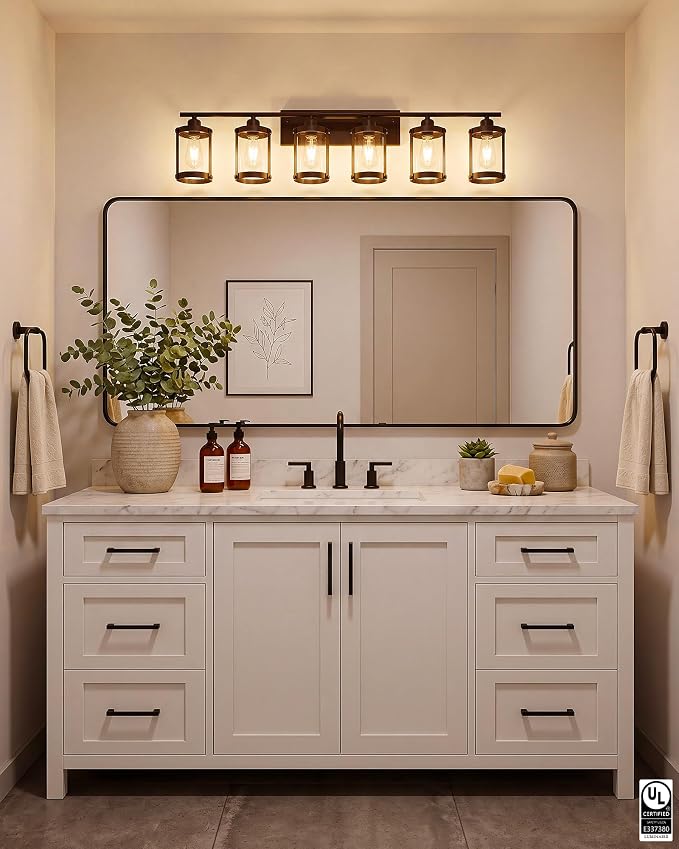 6-Light Oil Rubbed Bronze Bathroom Light Fixtures, 42 Inch Modern Bathroom Vanity Lighting Fixtures Over Mirror with Clear Glass and Metal Cage Wall Sconce Lights for Bath, OS-3014ORB-6W