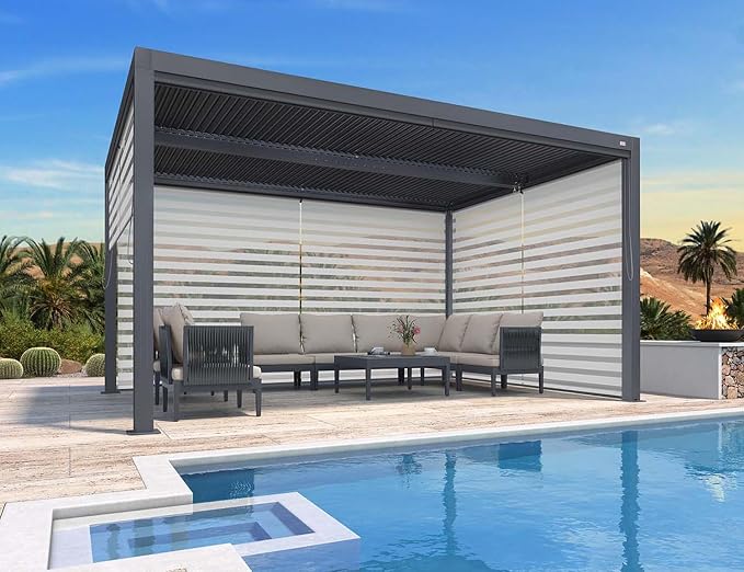 PURPLE LEAF Louvered Pergola 94AS 10' x 14' w/ 1L2W Side Shade Screen Grey | Two Adjustable Roofs, Rainproof Gutters, Zero-Rust Aluminum, Plus Textilene Sunshade With UV Block, DIY-Friendly Design