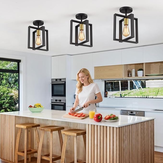 2 Pack Semi Flush Mount Ceiling Light,Black Metal Frame Ceiling Light Fixture with Golden Lamp Cup, Farmhouse Light Fixture for Kitchen Island Entryway Porch Foyer
