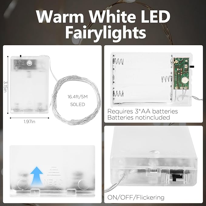 Fairy Lights Battery Operated String Lights 16.4ft 50LED Flashing and Constant Light Waterproof Silver Wire for Christmas DIY Party Wedding Decoration (White, 2 Pack)