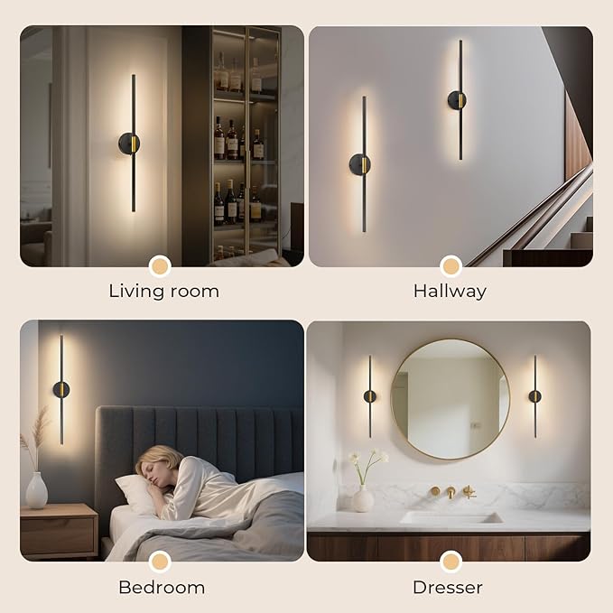 28.3" Battery Operated Wall Sconces Set of 2, 360°Rotation Rechargeable Wall Lights with Remote Control, 3000K-6500K LED Detachable Wall Lamp for Bedroom, Hallway, Black Gold