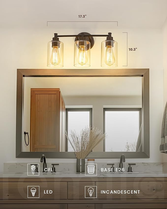 FEMILA 3-Light Vanity Light,Farmhouse Bathroom Light Fixtures,Metal Wall Sconce with Clear Glass Shade,Oil Rubbed Bronze Finish,4FYC56B-3W ORB