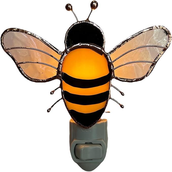 Gift Essentials Honey Bee Plug in Night Light - Stained Glass Nightlight with On/Off Rocker Switch - Includes One 4 Watt Replaceable Incandescent Warm Glow Bulb