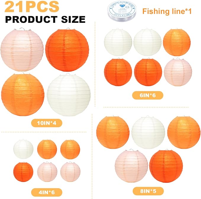 21 Pcs Orange Paper Lanterns Party Decorations, 4/6/8/10 Inch Thanksgiving Party Hanging Paper Lanterns for Fall Harvest, Wedding, Birthday, Baby Shower, Classroom Ceiling Home Decor Indoor Outdoor