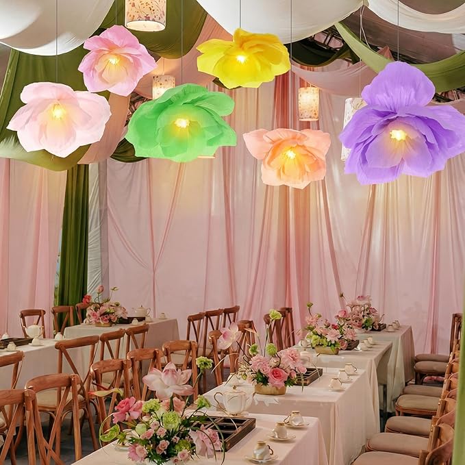 VIHOSE 6 Pcs Tea Party Decorations 15.7 Inch Flower Paper Lanterns with LED Lights for Spring Fancy Party Decorations Large Peony Paper Flower Pendant Lamps for Tea Garden Wedding Bridal Baby Shower