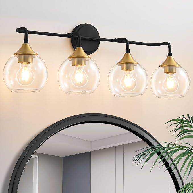Bathroom Vanity Light 4-Light Black and Gold Vanity Lights 31" | Farmhouse Vanity Lighting Fixtures Over Mirror, Thickened Clear Glass Shade, UL E26 Dimmable Vanity Light Fixtures