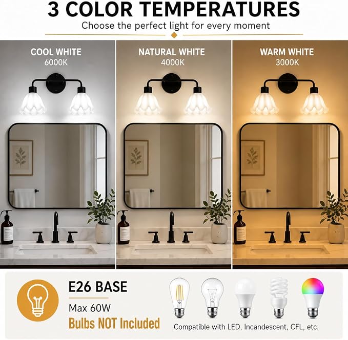 2 Light Black Bathroom Light Fixture,Modern Black Vanity Lighting Over Mirror,Cute White Glass Flower Lampshade,Wall Sconces,E26 Socket(Bulbs Not Included)