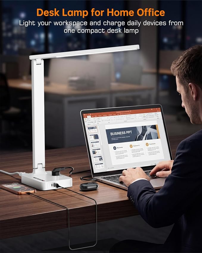 LED Desk Lamp for Dorm Office, USB-C & 2 AC Outlets Charging, White | LED Desk Lamps for Home Office with 2 USB Charging Ports(1 USB-C), 2 AC Outlets, Foldable Small Desk Lamp for Study Reading