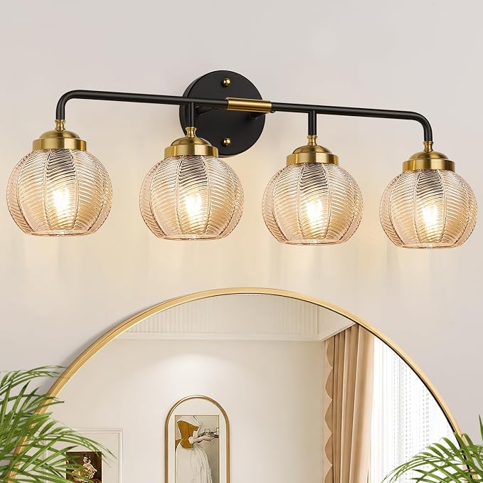 MOKATNG Bathroom Light Fixtures, 4-Light Amber Vanity Lights with Unique Leaf Texture Glass Shade, Modern Matte Black and Gold Bathroom Wall Lamp for Mirror Hallway Cabinet Living Room