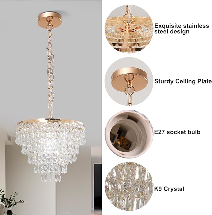 FRIXCHUR 11.8'' Gold Crystal Chandelier LED Flush Mount Crystal Ceiling Pendant Light for Living Room, Dining Room