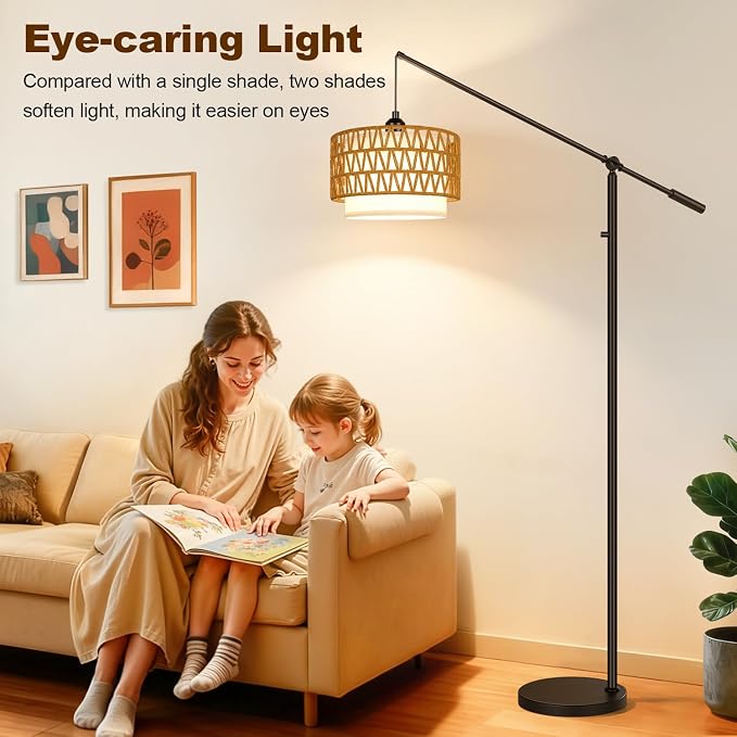 【Upgraded】Boho Arc Floor Lamp with Adjustable Swing Arm, Farmhouse Rustic Floor Lamp with Rattan & Fabric Shades, Rattan Standing Lamp with 11W Bulb, Tall Lamp for Living Room Bedroom Office, Black