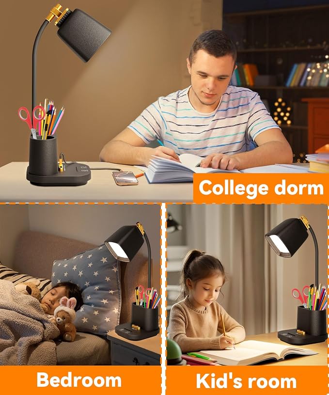 LED Desk Lamp with 2 USB Ports, Storage Box, Small Table Lamp for Home Office, Bedroom, College Dorm Room, Gooseneck Desk Light with Charger for Study, Reading, Craft, Work, Task, Dorm Room Essentials