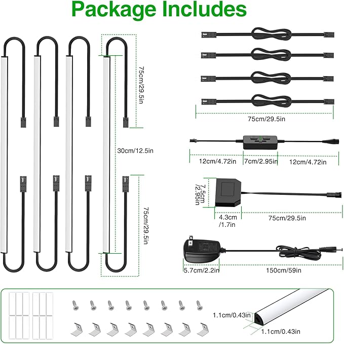 AIBOO Under Cabinet Lighting, Timer & CCT 2700-6000K with Slider Dimmer, Plug-in 12Inch 12W Lights for Curio Cabinet, Kitchen, Bookshelf (4 Bars Kit)