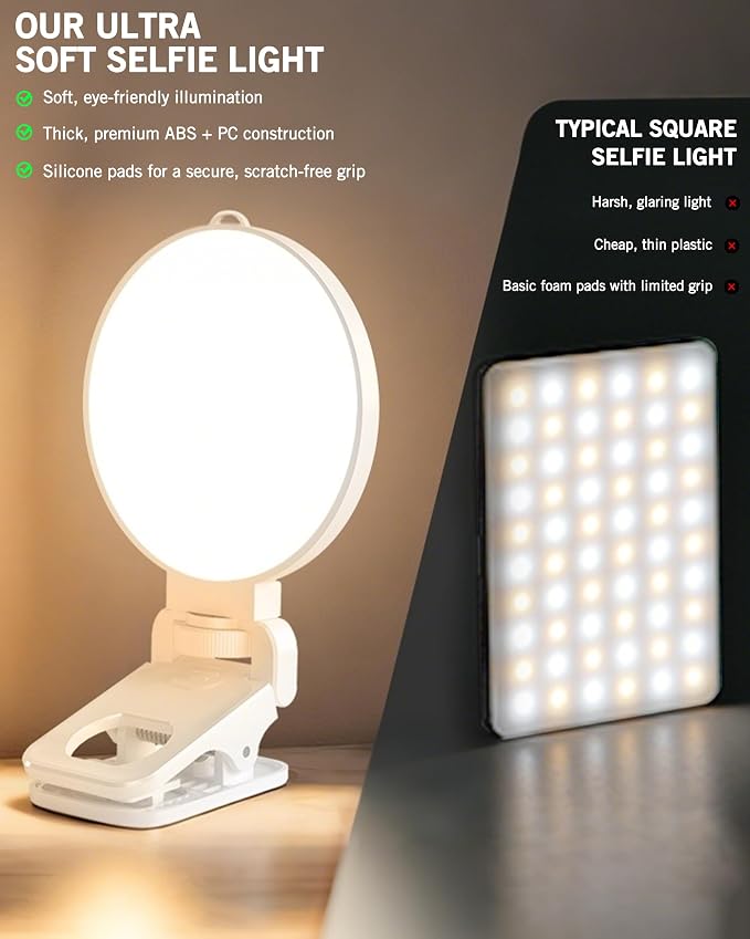 NiceVeedi 3 Color Soft Selfie Light Phone Light with Clip, Portable Edge-lit Ring Light, Rechargeable Video Conference Lighting for iPhone/Selfies/Makeup/Live Streaming/TikTok/Vlog/Zoom/Video Calls