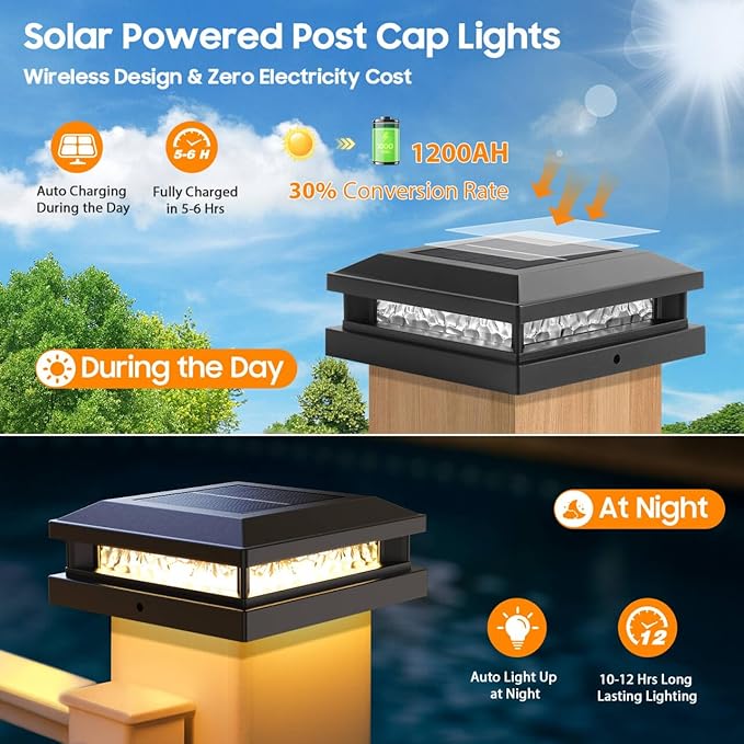 Solar Post Cap Lights 16 Pack, Upgraded Outdoor Fence Post Lights for 4x4 4.5x4.5 5x5 Vinyl/Wood Posts, Black Deck Posts Cap Light Solar Powered with Warm White/Cool White for Garden Patio Porch