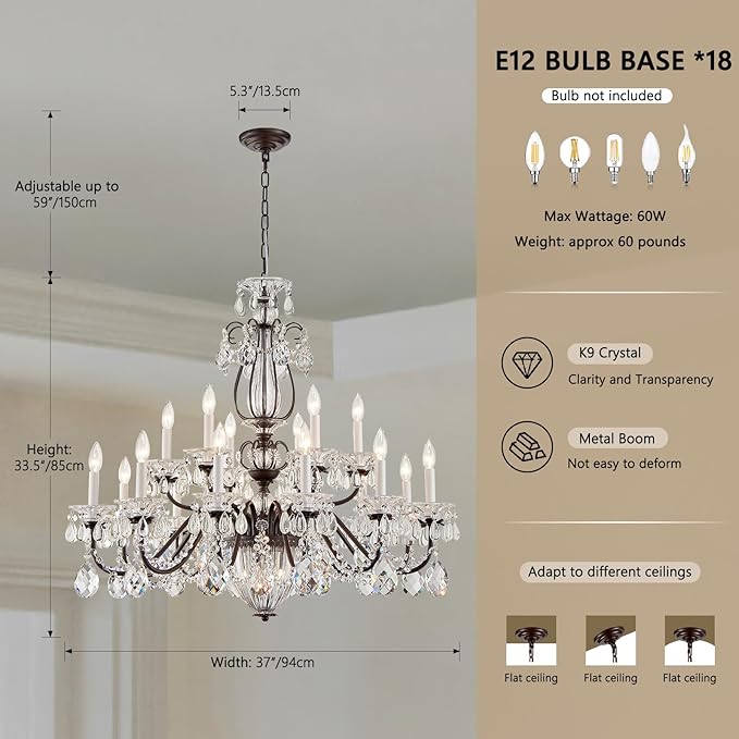 Vintage Crystal Chandelier 18-Lights Large Crystal Chandeliers for High Ceilings Brown Maria Theresa Chandelier Light Fixture for Living Room Hallway Hotel Banquet Hall Lobby Entrance Foyer Dia 37"