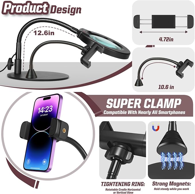 10X Magnifying Glass with Light and Phone Holder, 5 Color Modes Stepless Dimmable LED Lighted Desk Lamp with Stand, Hands Free Magnifier with Flexible Goose-Neck for Craft Hobby Painting, Black
