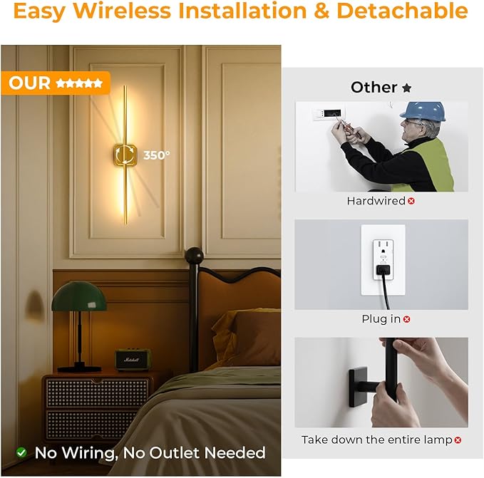1 Pack Battery Operated Wall Sconce Detachable 360°Rotate, Wireless Wall Lamp 3000-6500K Dimmable, 10000mAh Rechargeable Wall Light for Bedroom, Living Room，28.3" Gold