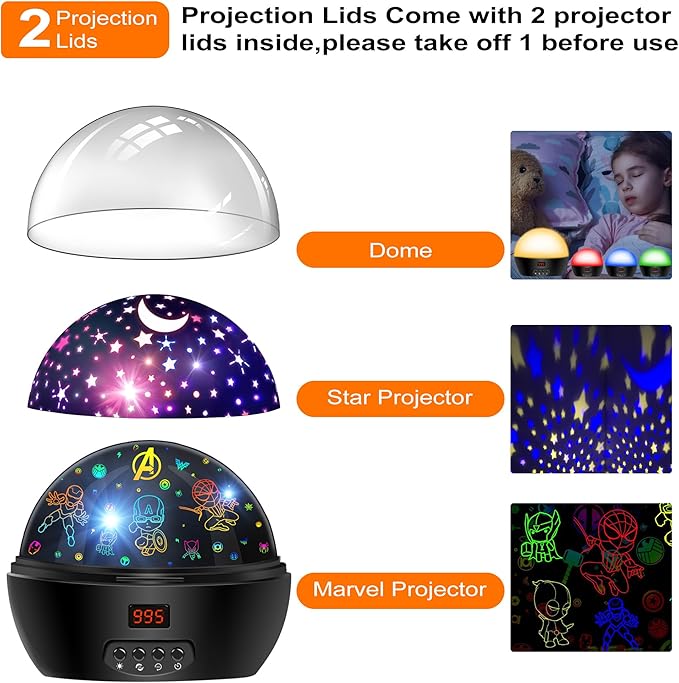 MOKOQI Kid Light Projector Superhero Toys for Boys 5-7 Avengers Night Light | Projector with Timer for Kids Room, 360 Degree Rotation Toddler Nightlights with Spiderman Figurine Star Lamps