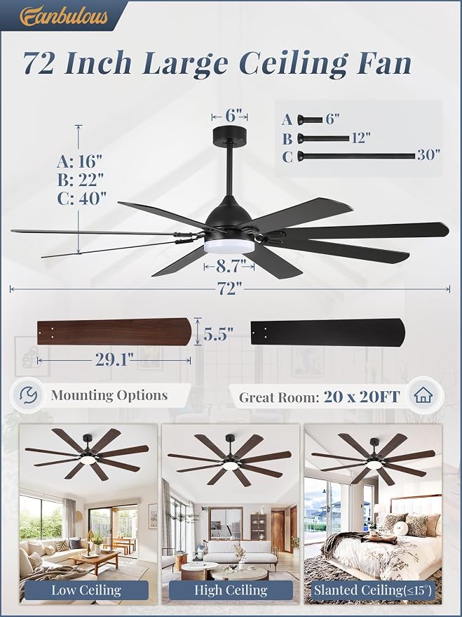 Fanbulous 72 Inch Outdoor Ceiling Fans with Lights,Black | Modern,6 Speeds,3CCT,Timer,Remote Control,Quiet Reversible DC motor,Large,8 Double-sided Blades,Easy Installation