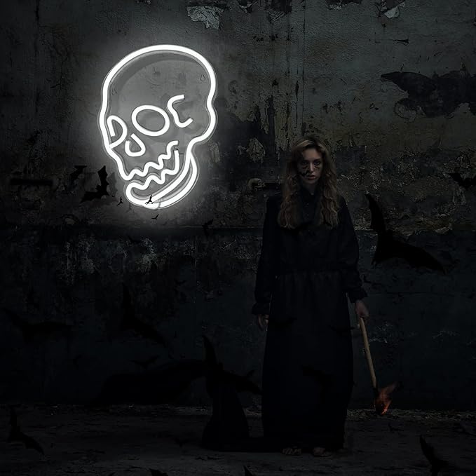 Halloween Decoration Skull Neon Sign, White LED Skull Shape Neon Wall Light Signs Decor, Wall Night Lights Cool Neon Sign Decor for Room Bedroom Bar Christmas Halloween Birthday Party Supply
