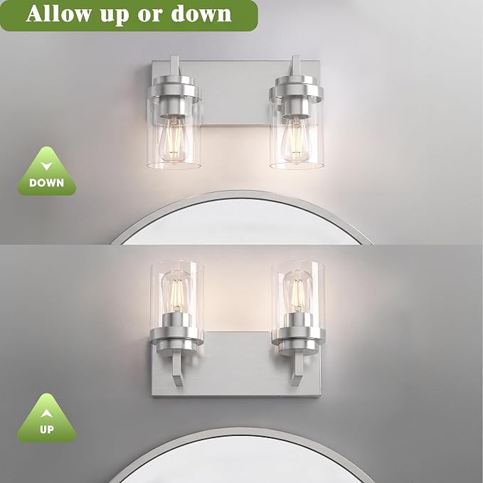 Bathroom Vanity Fixtures, 2 Light Matte Nickel Vanity Light with Clear Glass Shade, 15in Farmhouse wall Light, Lighting Fixture Over Mirror for Bathroom