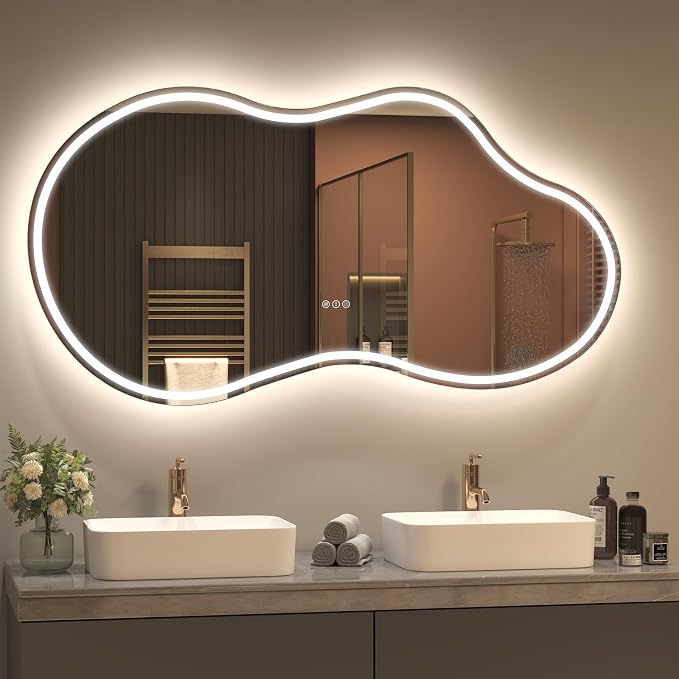 SMIROR 60x32 Irregular Led Lighted Bathroom Vanity Mirror | Asymmetrical, Cloud Shape, Front lighted + Backlit, Anti-Fog, 3 Colors, Dimmable, Memory, Tempered Glass, UL