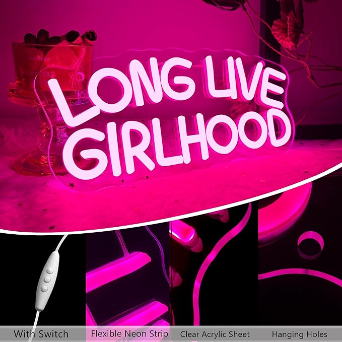 Long Live GirlHood Neon Sign, Dimmable LED Pink Rodeo Girl Quote Neon Light Kids Wall Art, USB Powered for Classroom Nursery Kids Room Decor Birthday Party Teens Girls Gifts(11.8 * 5.1in)