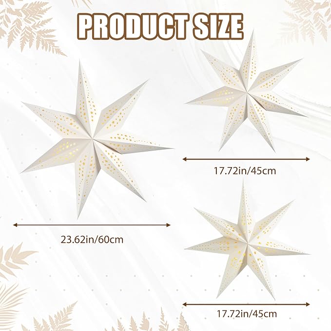 Large Paper Star Lanterns with Lights, 3D 7 Pointed Christmas Paper Lanterns, 3Pcs Foldable Decorative Christmas Hanging Decorations for Xmas Wedding New Year Party Home Decor Indoor, 24/18 Inch