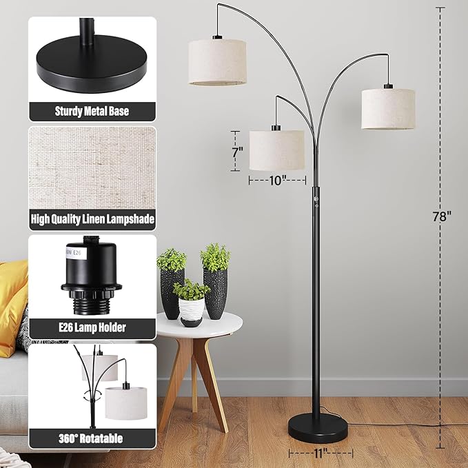 SUNMORY 3 Lights Floor Lamp for Living Room, 78" Tall Standing Lamp with Hanging Drum Shade, Modern Arc Floor Lamps with Heavy Base, Mid Century Arched Tree Floor Lamp for Bedroom, Office, Corner