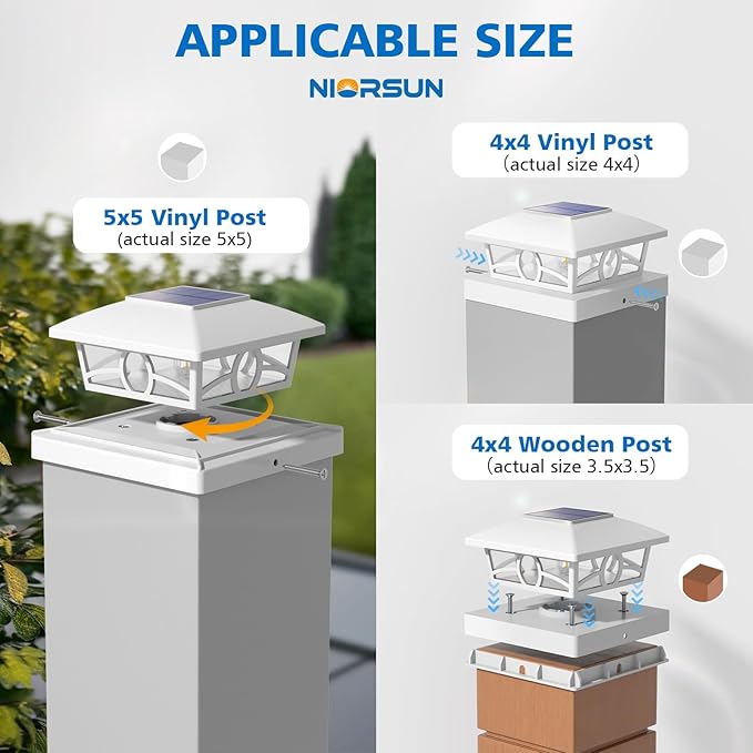 NIORSUN Solar Post Lights Outdoor, Fence Post Solar Lights Warm White Outdoor Waterproof Edison LED Bulbs Garden Patio Fence Deck Decor, 4x4 5x5 Wood Vinyl Post Cap Lights, White 6 Pack